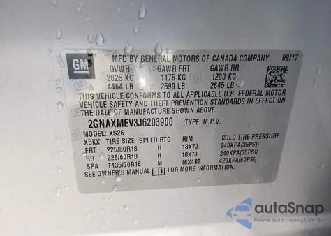 2018 Chevrolet Equinox Premier z USA, uszkodzony, nr VIN 2GNAXMEV3J6203900